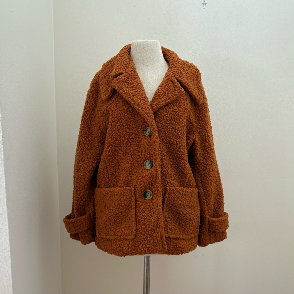 Free people Burnt Orange Shearling Sherpa Teddy Peacoat Jacket Size Medium Cozy - Picture 3 of 15
